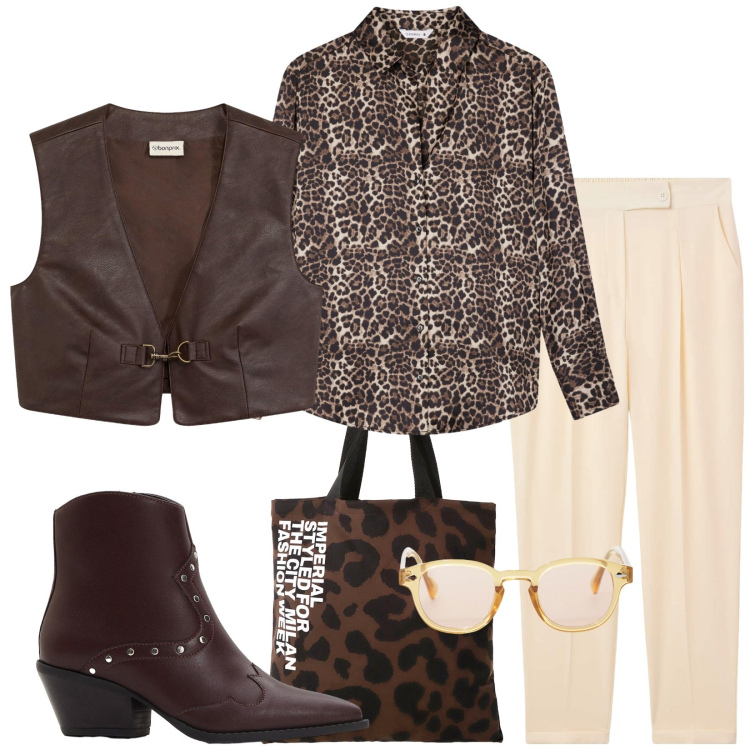 Outfit donna - Cioccolato. Stile Casual chic per Tutti i giorni. Abbinamento con stivaletti texani, gilet, pantaloni chino, camicie, occhiali da sole, shopping bag.