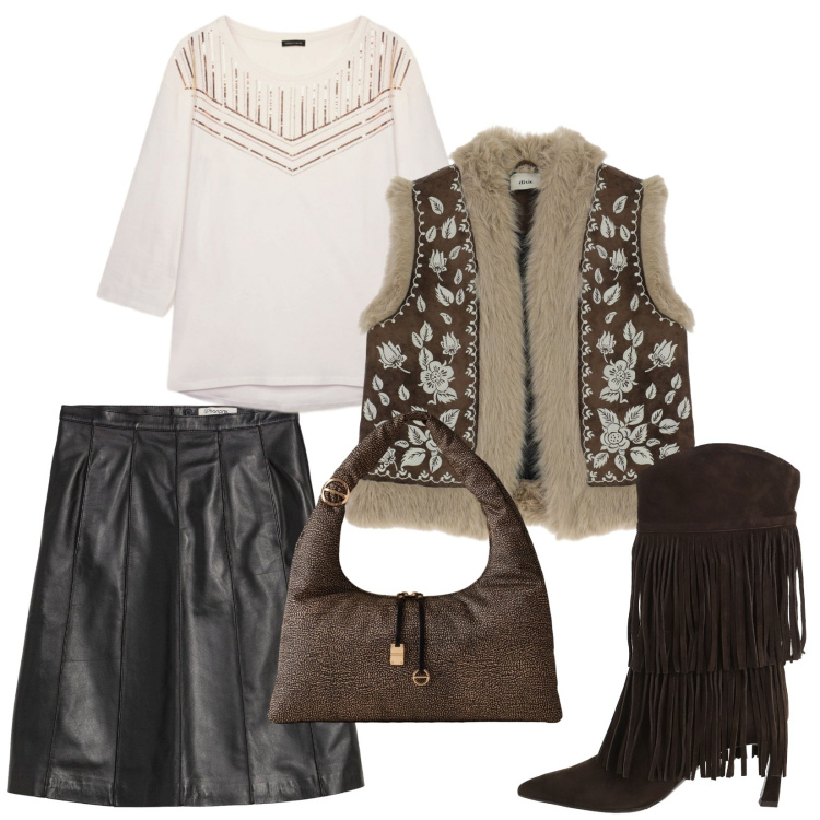 Outfit donna - Total look #2271134. Stile Casual chic per Serata fuori. Abbinamento con gonne, gilet, stivali, borse a spalla, t-shirt.