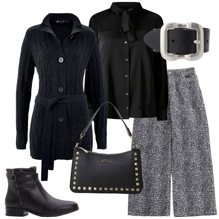 Outfit donna - Total look #2271146. Stile Mannish per Ufficio. Abbinamento con cardigans, stivaletti, camicie, pantaloni, pochette, cinture.
