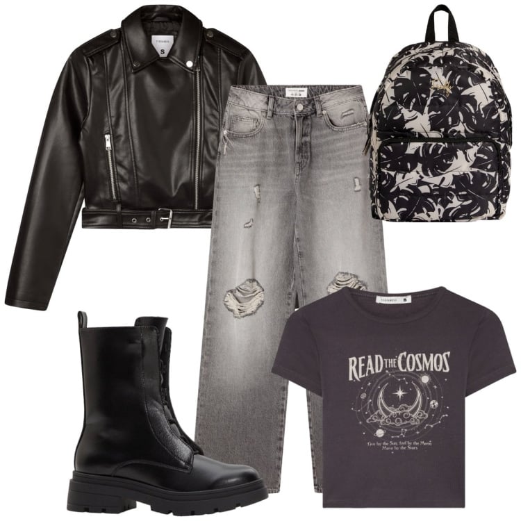 Outfit donna - Rock serale. Stile Rock per Serata fuori. Abbinamento con stivaletti, jeans strappati, giacche, t-shirt, zaini.