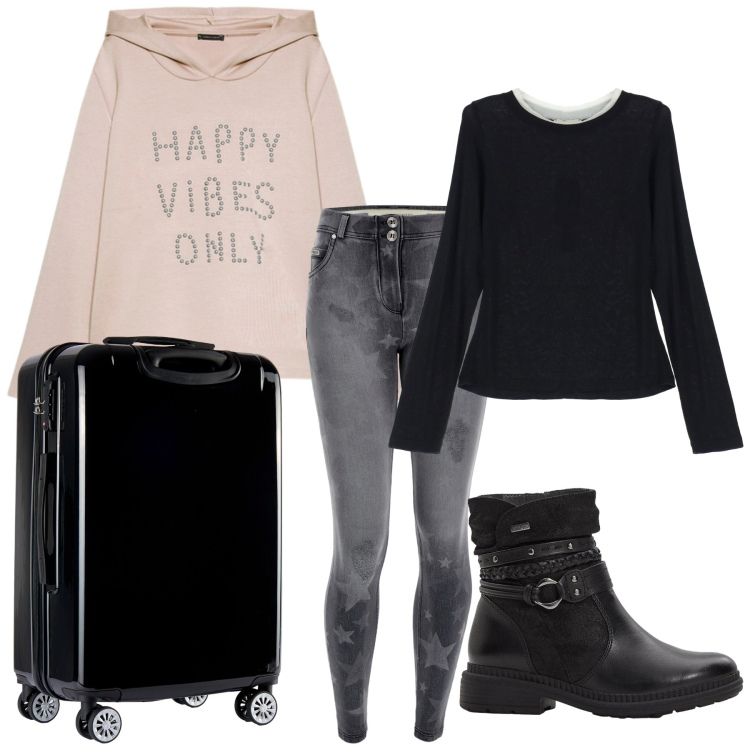 Outfit donna - Total look #2271152. Stile Casual per Sport. Abbinamento con stivaletti, t-shirt, jeans skinny, valigie, felpe con cappuccio.