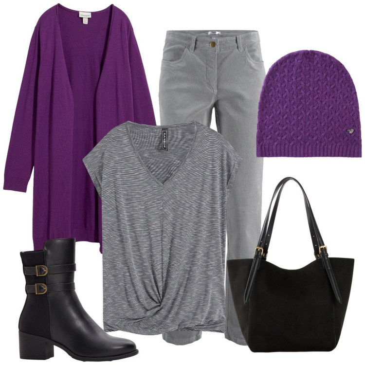 Outfit donna - Viola. Stile Basic per Serata fuori. Abbinamento con cardigans, t-shirt, pantaloni, berretti, stivaletti, shopping bag.