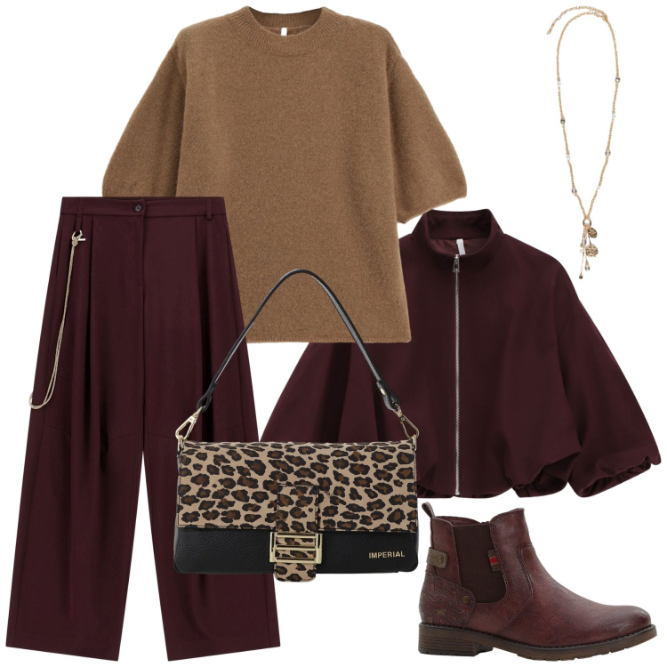 Outfit donna - Total look #2271166. Stile Etnico per Tutti i giorni. Abbinamento con stivaletti chelsea, borse a spalla, maglieria, bomber, pantaloni a palazzo, ciondoli.