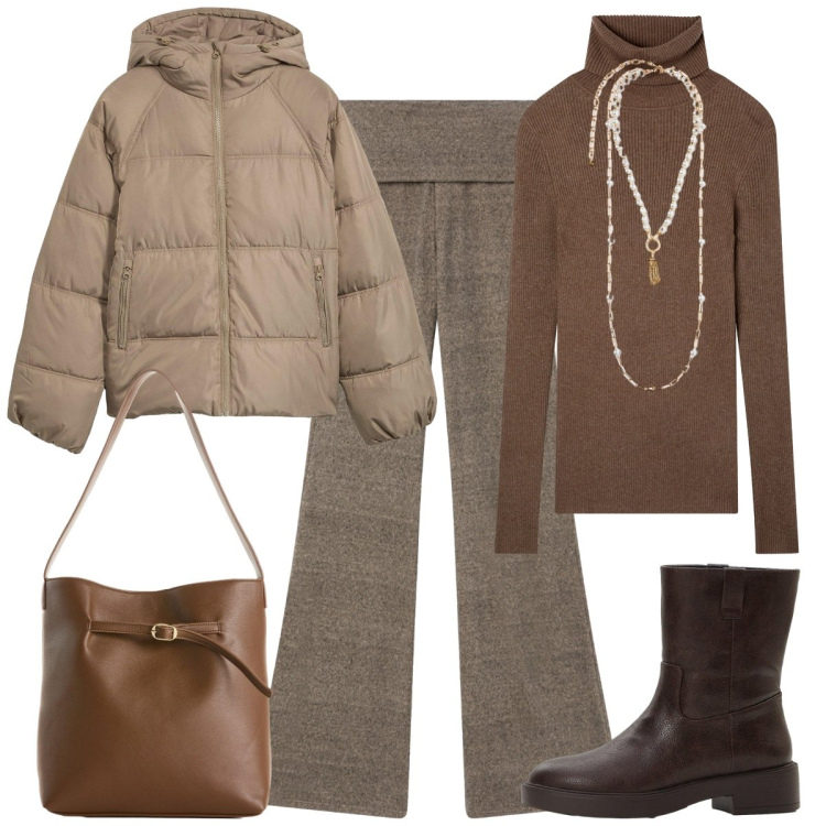Outfit donna - Caffè marrone. Stile Basic per Tutti i giorni. Abbinamento con borse a mano, giacche, stivaletti, leggings, maglieria, collane.