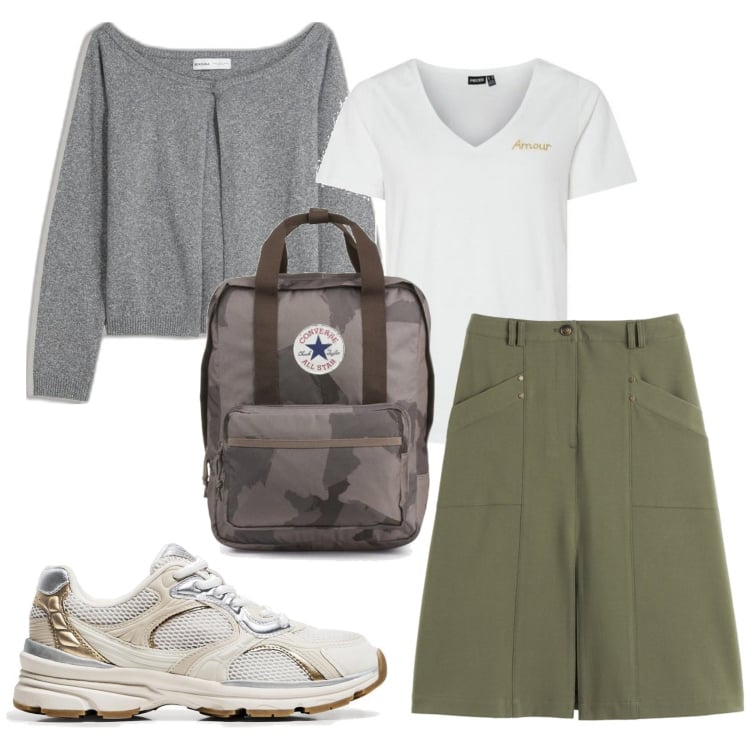 Outfit mujer - Sporty chic #3491. Estilo Sporty chic para Escuela/Universidad. Combinación con blazers, faldas largas, camiseta, sneakers, mochilas.