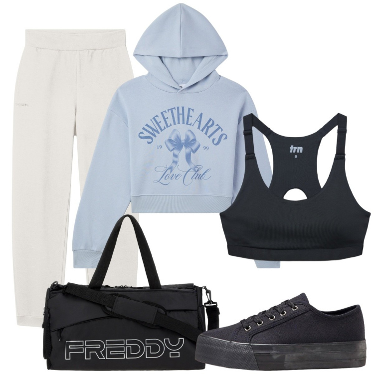 Outfit donna - Vado in palestra. Stile Basic per Sport. Abbinamento con sneakers, felpe con cappuccio, top sportivi, borse sportive, pantaloni.