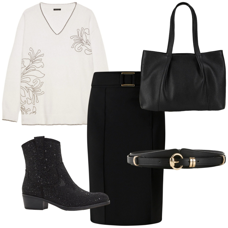 Outfit donna - Total look #2271174. Stile Romantica per Ufficio. Abbinamento con cinture, stivaletti texani, shopping bag, gonne, maglieria.