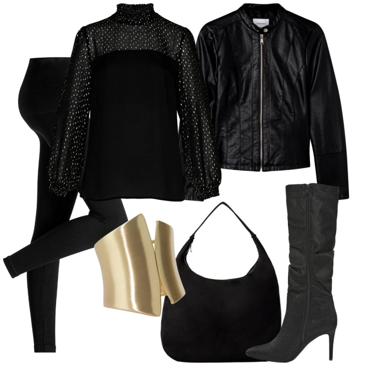 Outfit donna - Rock con chic. Stile Chic per Serata fuori. Abbinamento con leggings, tuniche, giacche, borse a mano, stivali, anelli.