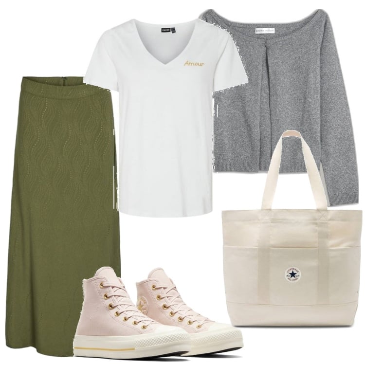Outfit mujer - Casual look. Estilo Casual para Todos los días. Combinación con falda longuette, blazers, sneakers, bolso tote, camiseta.