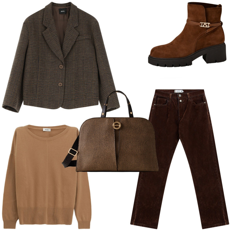 Outfit donna - Ankle boots season. Stile Casual chic per Tutti i giorni. Abbinamento con pantaloni, blazer, maglieria, borse a mano, stivaletti.