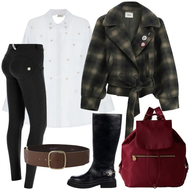 Outfit donna - Urban style. Stile Casual chic per Tutti i giorni. Abbinamento con cinture, camicie, cappotti, zaini, stivali sopra il ginocchio, pantaloni skinny.