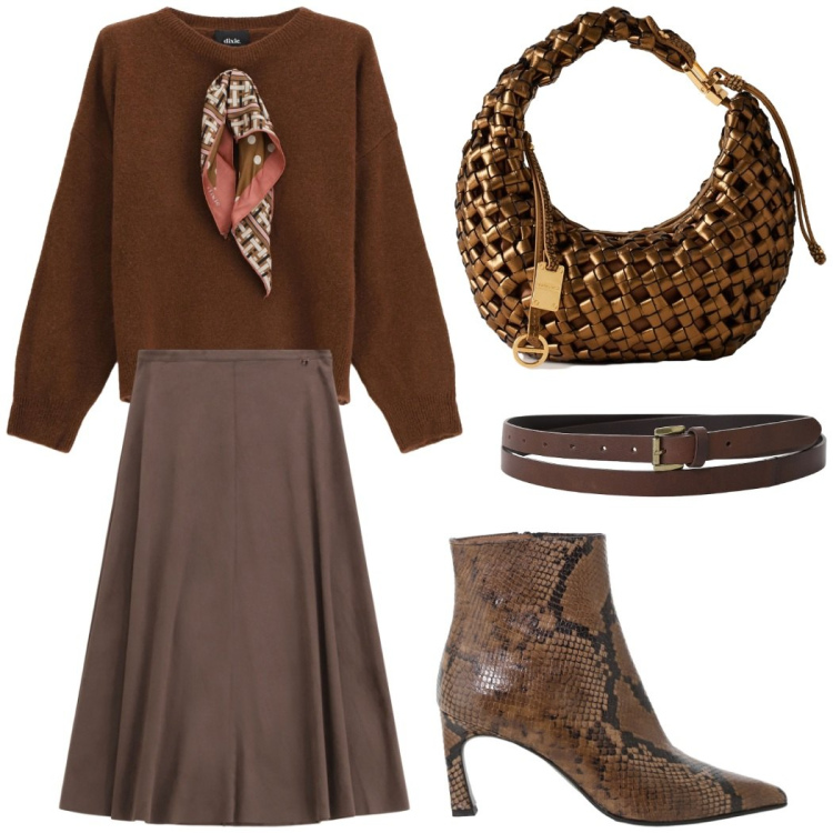 Outfit donna - Dettagli raffinati per sentirsi unica. Stile Casual chic per Tutti i giorni. Abbinamento con maglieria, gonne longuette, cinture, stivaletti, borse a mano.