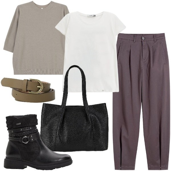 Outfit donna - Ora nuova. Stile Urban per Tutti i giorni. Abbinamento con shopping bag, pantaloni, stivaletti, t-shirt, cinture, maglieria.