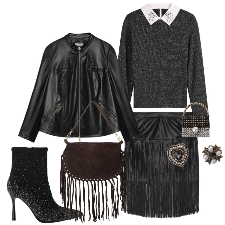 Outfit donna - Total look #2271226. Stile Chic per Serata fuori. look ideale per Petite. Abbinamento con maglieria, borse a tracolla, stivaletti, accessori per capelli, giacche, minigonne.