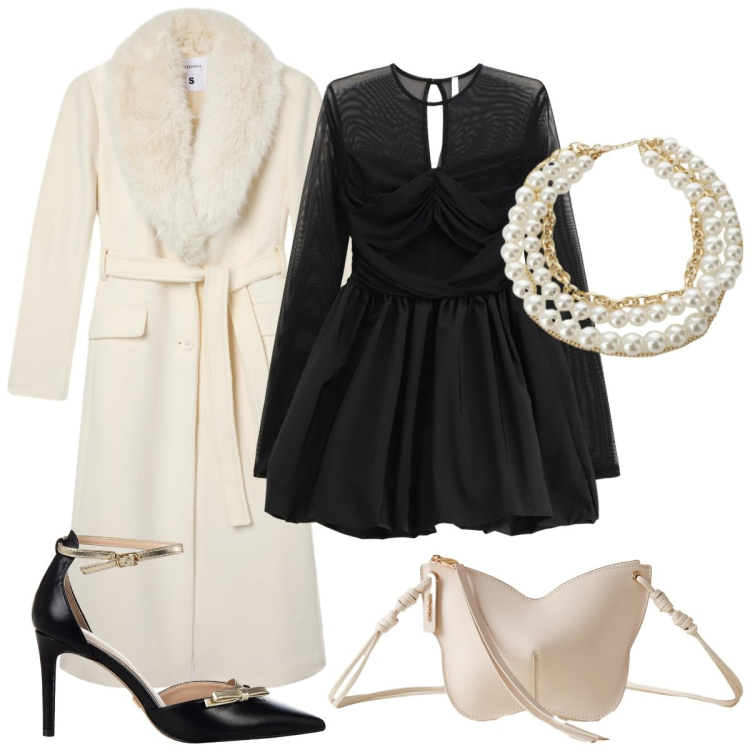 Outfit donna - Cerimonia d\'inverno. Stile Bon Ton per Cerimonia. Abbinamento con cappotti, collane, borse a tracolla, décolleté, vestiti corti.