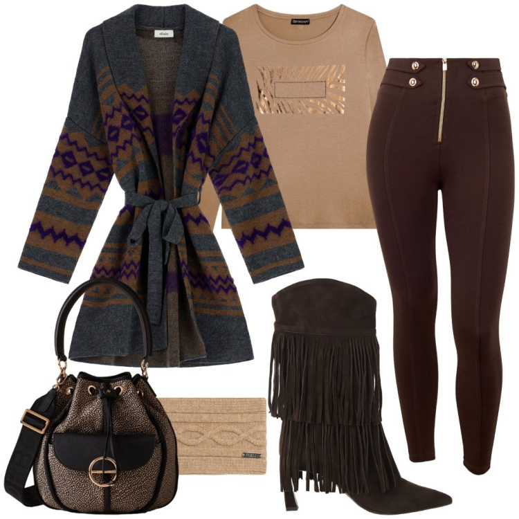 Outfit donna - Chic urbano. Stile Casual chic per Ufficio. Abbinamento con borse a secchiello, stivali, cappotti, t-shirt, accessori per capelli, pantaloni skinny.