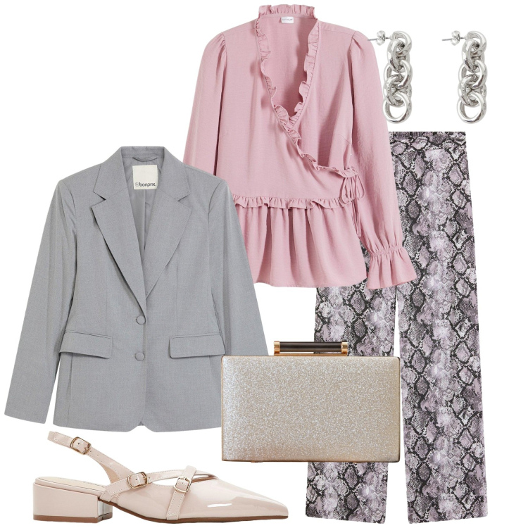 Outfit donna - Total look #2271328. Stile Casual chic per Serata fuori. Abbinamento con décolleté, camicie, pantaloni a palazzo, blazer, orecchini, clutch.