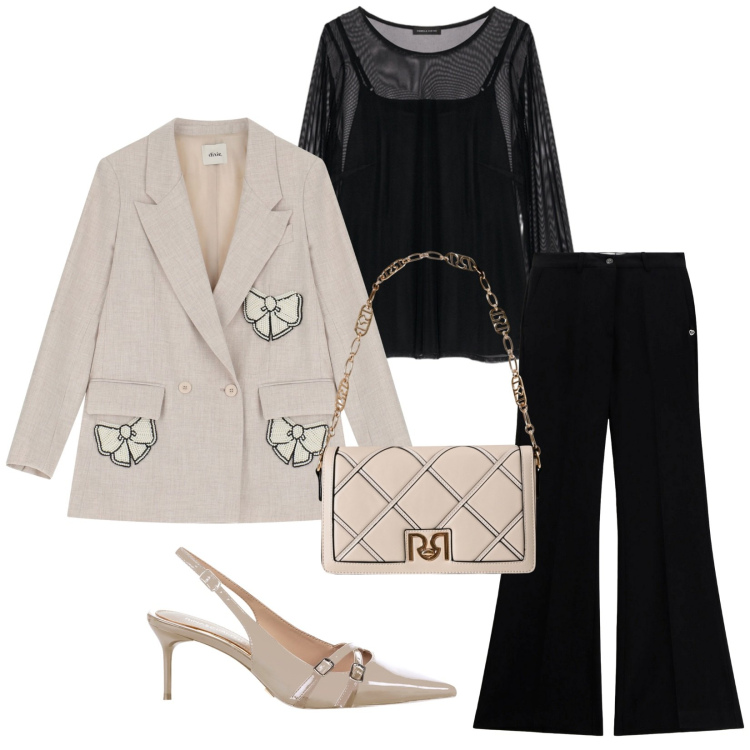 Outfit donna - Total look #2271353. Stile Casual chic per Serata fuori. Abbinamento con pantaloni, blazer, borse a tracolla, décolleté, bluse.
