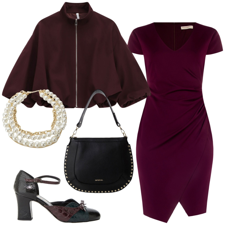 Outfit donna - Il colore del momento. Stile Chic per Cerimonia. Abbinamento con vestiti a tubino, borse a spalla, bomber, décolleté, collane.