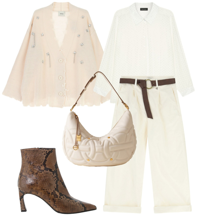Outfit donna - Il cardigan ricercato. Stile Trendy per Tutti i giorni. Abbinamento con borse a spalla, pantaloni, stivaletti, cardigans, camicie.