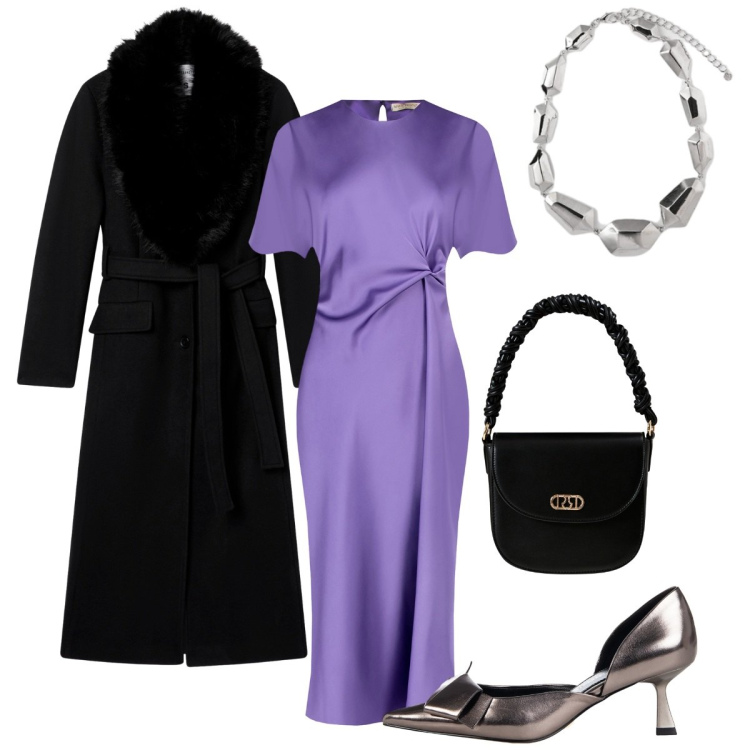 Outfit donna - Cerimonia in viola. Stile Bon Ton per Cerimonia. Abbinamento con cappotti, vestiti midi/longuette, borse a mano, décolleté, ciondoli.