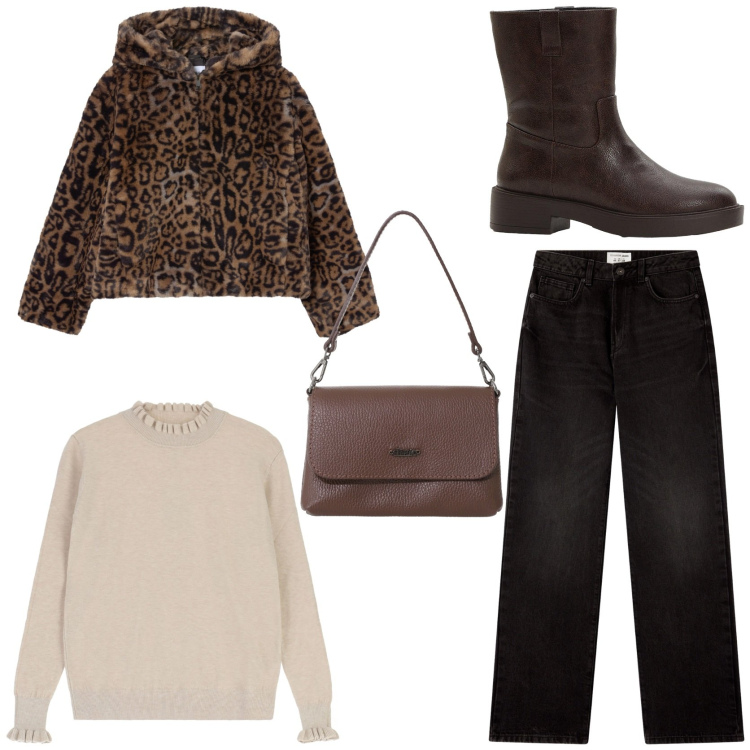 Outfit donna - Chic outfit. Stile Chic per Tutti i giorni. Abbinamento con stivaletti, jeans dritti, ecopellicce, maglieria, borse a tracolla.