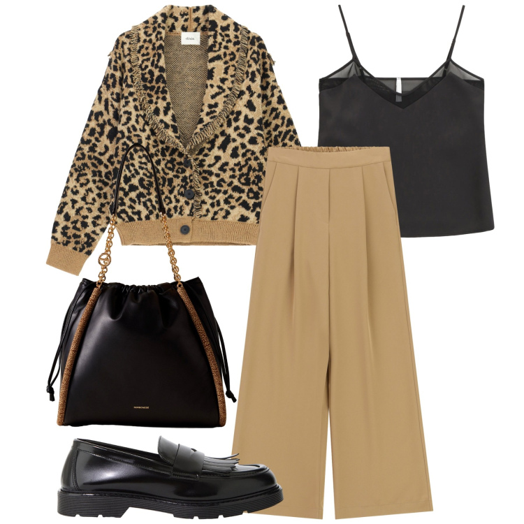 Outfit donna - Animalier per passione. Stile Trendy per Ufficio. Abbinamento con pantaloni a palazzo, cardigans, mocassini, shopping bag, top.