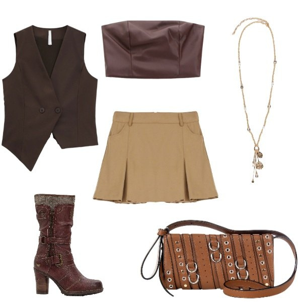 Outfit donna - outfit autunnale. Stile Vintage retrò per Serata fuori. Abbinamento con stivali, borse a spalla, minigonne, gilet, top, ciondoli.