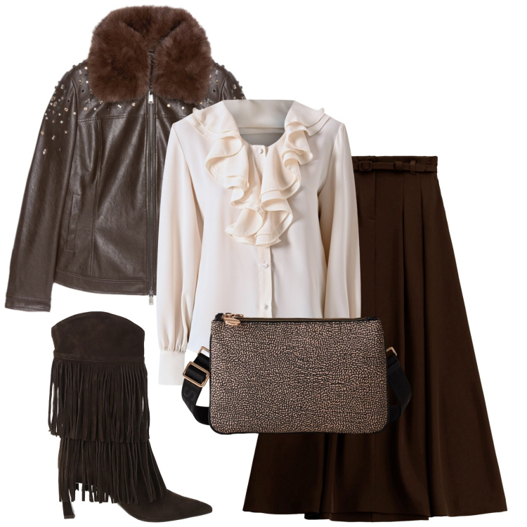 Outfit donna - I love chocolate. Stile Chic per Tutti i giorni. Abbinamento con stivali, borse a tracolla, bluse, gonne lunghe, giacche.