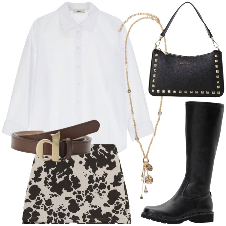 Outfit donna - Total look #2271371. Stile Casual chic per Serata fuori. Abbinamento con stivali, minigonne, camicie, cinture, pochette, ciondoli.