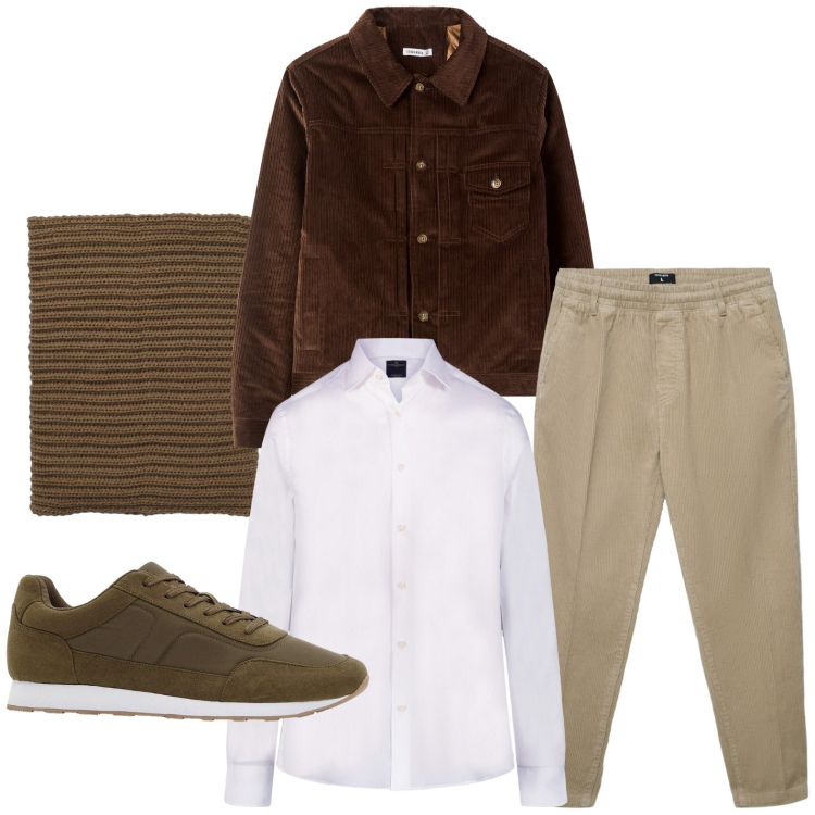 Outfit uomo - Il ritorno del velluto. Stile Trendy per Ufficio. Abbinamento con sneakers, pantaloni, scaldacollo, cappotti, camicie.