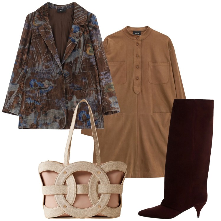 Outfit donna - Le sfumature del cioccolato. Stile Glamour per Tutti i giorni. Abbinamento con blazer, vestiti corti, stivali, shopping bag.