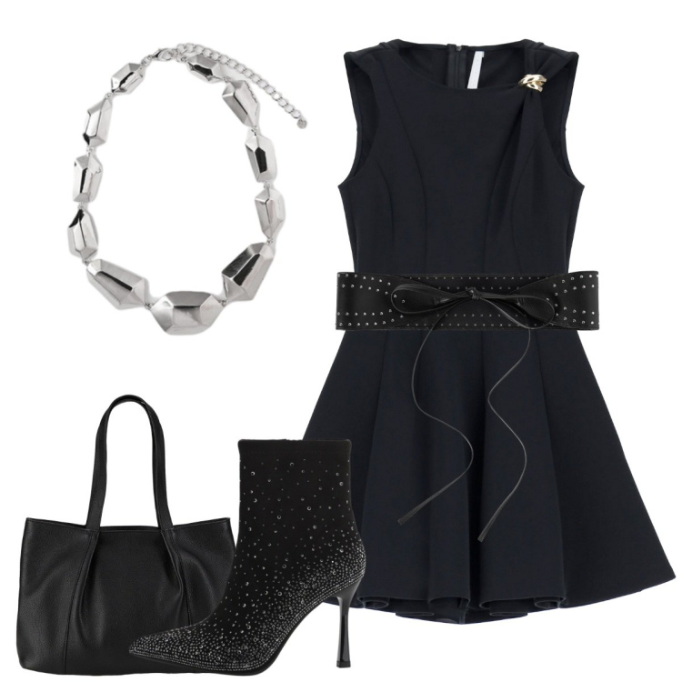 Outfit donna - Elegante di sera. Stile Bon Ton per Serata fuori. Abbinamento con shopping bag, cinture, vestiti corti, stivaletti, ciondoli.