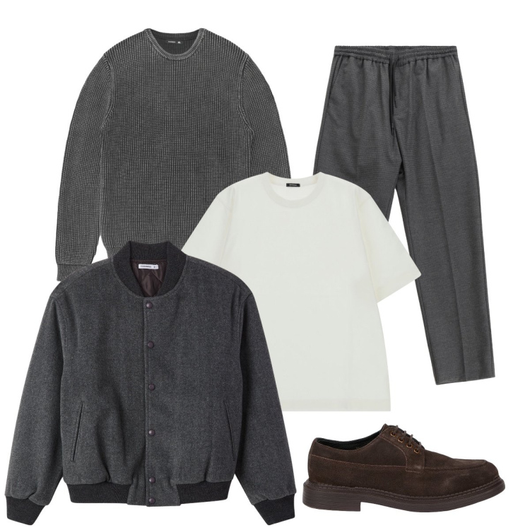 Outfit uomo - Total look #2271375. Stile Trendy per Ufficio. Abbinamento con maglieria, bomber, t-shirt, pantaloni, scarpe stringate.
