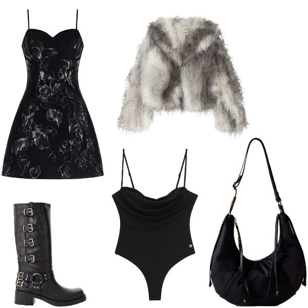 Outfit donna - outfit gotico. Stile Chic per Serata fuori. Abbinamento con vestiti corti, body, stivali, blazer, borse a spalla.