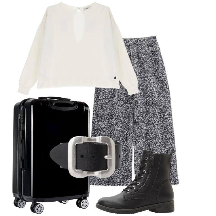 Outfit donna - Partenza con stile. Stile Trendy per Tutti i giorni. Abbinamento con stivaletti, pantaloni, maglieria, cinture, valigie.