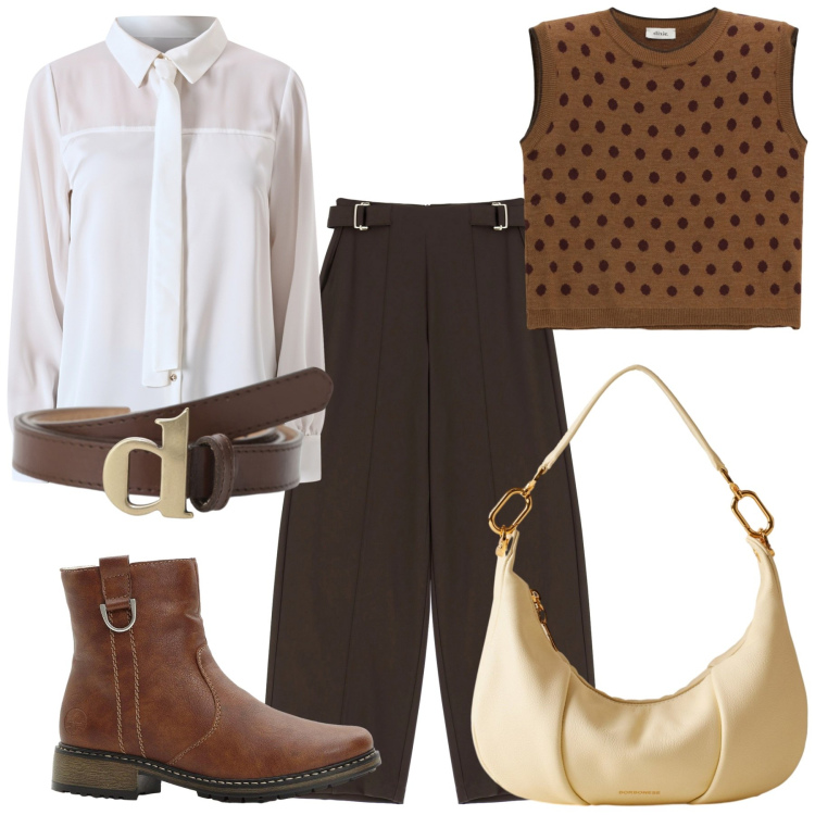 Outfit donna - Panna e cioccolato. Stile Urban per Tutti i giorni. Abbinamento con stivaletti, pantaloni a palazzo, maglieria, cinture, borse a spalla, camicie.