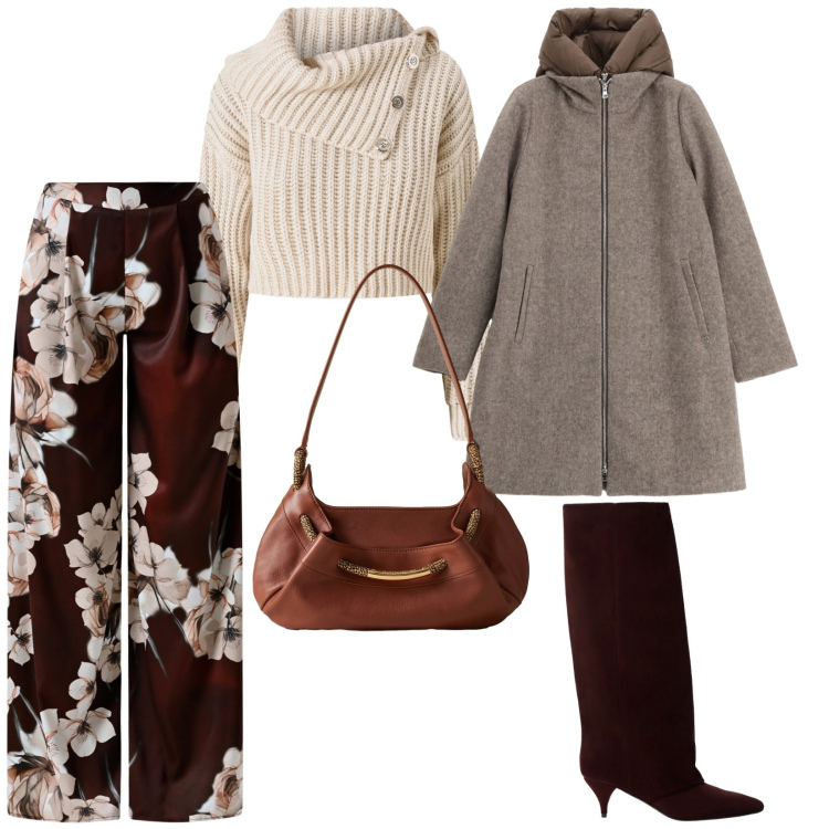 Outfit donna - Al caldo. per Tutti i giorni. Abbinamento con pantaloni a palazzo, maglieria, piumini, stivali, borse a spalla.