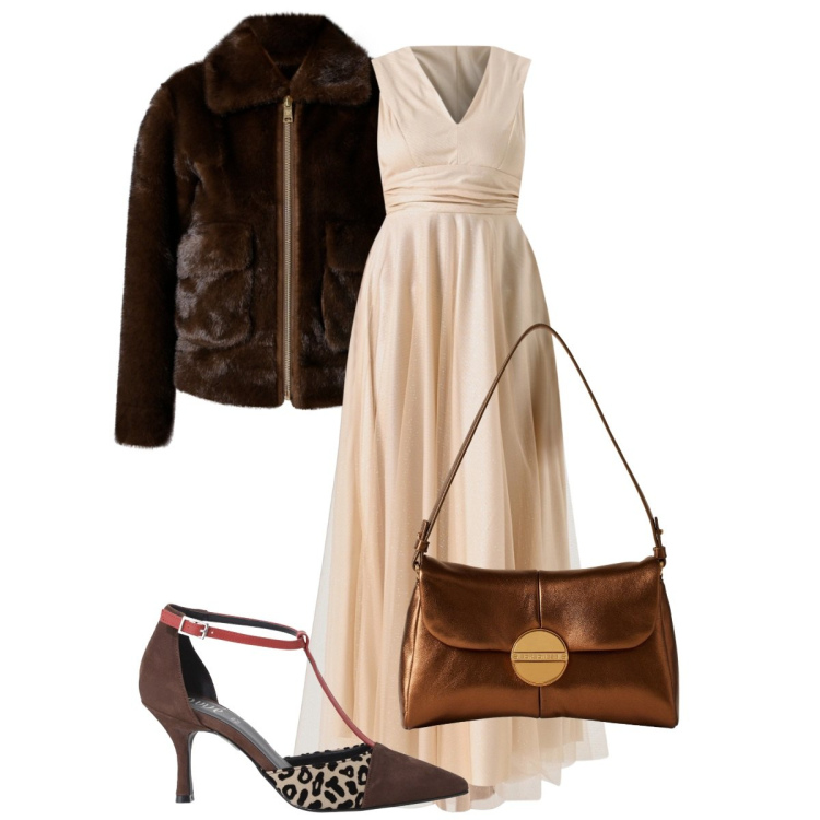Outfit donna - Elegante. Stile Bon Ton per Cerimonia. Abbinamento con décolleté, borse a tracolla, vestiti lunghi, ecopellicce.