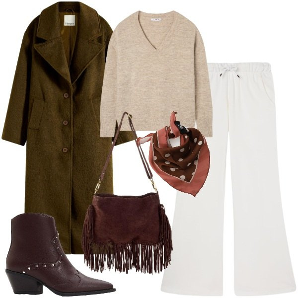 Outfit donna - Ora nuova. Stile Urban per Tutti i giorni. Abbinamento con cappotti, stivaletti texani, borse a tracolla, maglieria, pantaloni, foulard.
