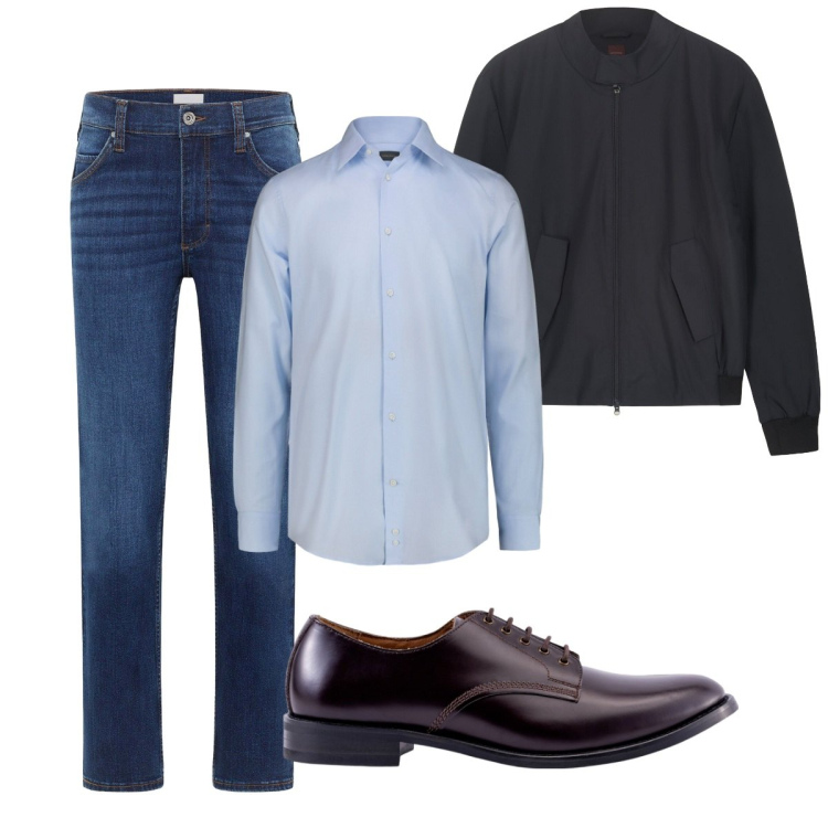 Outfit uomo - Ufficio. Stile Casual per Ufficio. Abbinamento con jeans dritti, scarpe stringate, bomber, camicie.