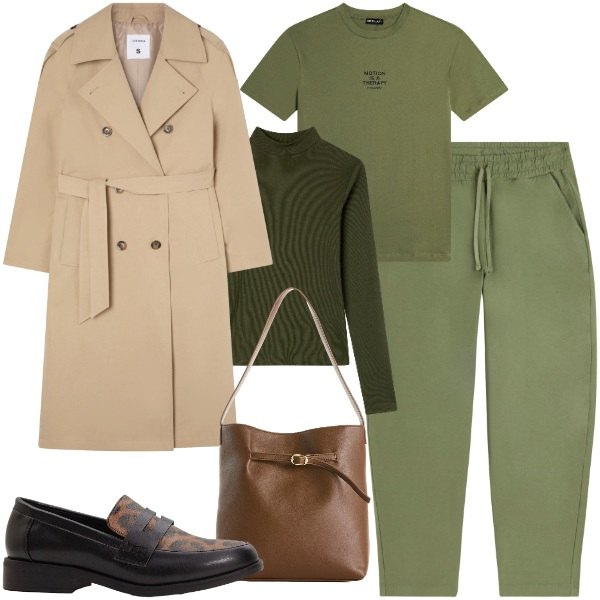 Outfit donna - Urban in verde oliva. Stile Urban per Tutti i giorni. Abbinamento con mocassini, borse a mano, trench, t-shirt, t-shirt, pantaloni.