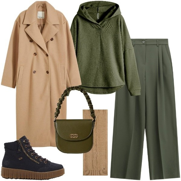 Outfit donna - Maglione con cappuccio color oliva. Stile Urban per Tutti i giorni. Abbinamento con felpe, sneakers alte, cappotti, borse a mano, pantaloni a palazzo, sciarpe.