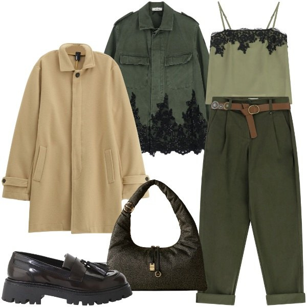 Outfit donna - In verde oliva in città. Stile Urban per Tutti i giorni. Abbinamento con cappotti, top, camicie, pantaloni, mocassini, borse a spalla.