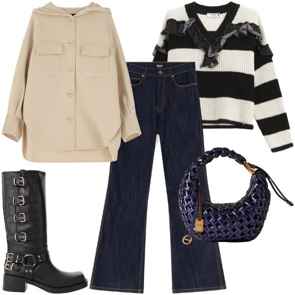 Outfit donna - Borbonese new bag. Stile Trendy per Tutti i giorni. Abbinamento con maglieria, jeans a zampa, cappotti, stivali, borse a mano.