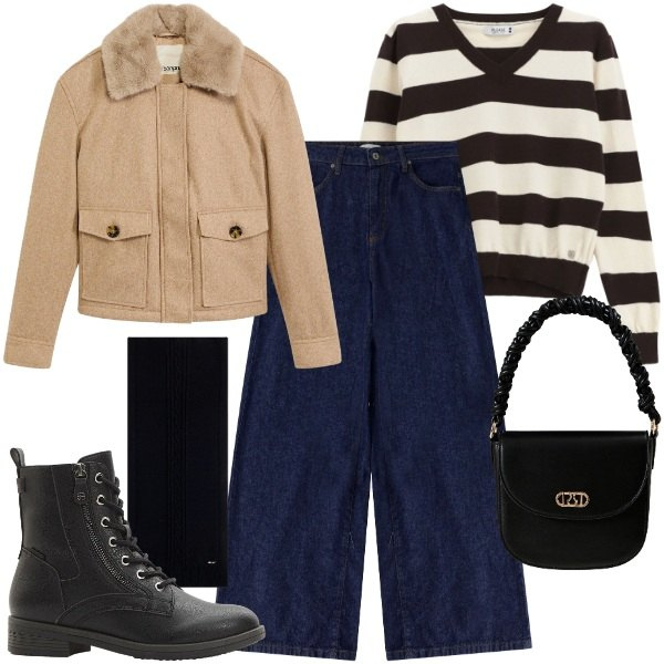 Outfit donna - Look chic da week end. Stile Chic per Tutti i giorni. Abbinamento con piumini, stivaletti, maglieria, jeans, borse a mano, sciarpe.