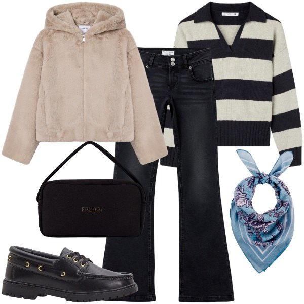 Outfit donna - Il look che fa la differenza. Stile Urban per Tutti i giorni. Abbinamento con foulard, mocassini, maglieria, jeans a zampa, ecopellicce, borse a mano.