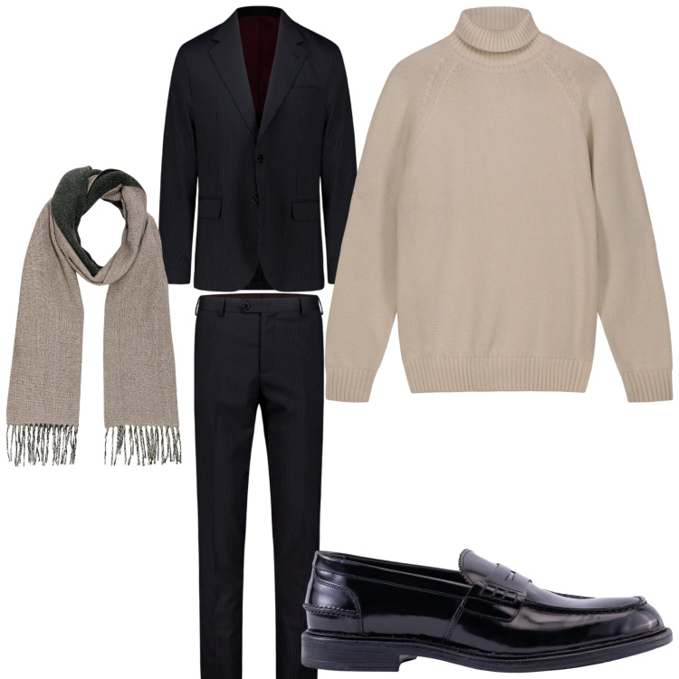 Outfit uomo - In ufficio a ottobre. Stile Business/Elegante per Ufficio. Abbinamento con abiti, sciarpe, scarpe stringate, pullovers.