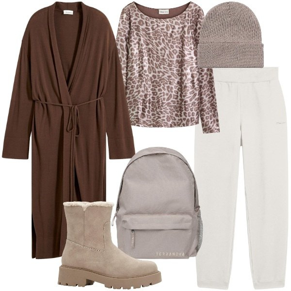 Outfit donna - Sporty animalier. Stile Sporty chic per Tutti i giorni. Abbinamento con stivaletti, cappotti, maglieria, zaini, berretti, pantaloni.