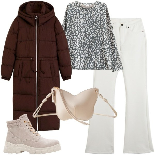 Outfit donna - Sporty nel week end. Stile Sporty chic per Tutti i giorni. Abbinamento con stivaletti, piumini, maglieria, borse a tracolla, pantaloni.